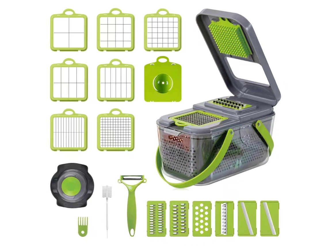 Cortador de verduras multifuncional, 22 en 1, mandolina con 13 cuchillas, color verde