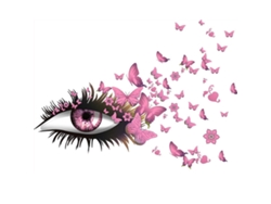 Pegatinas de pared con ojos y pestañas, mariposas voladoras y decoración de corazón con una linda chica.