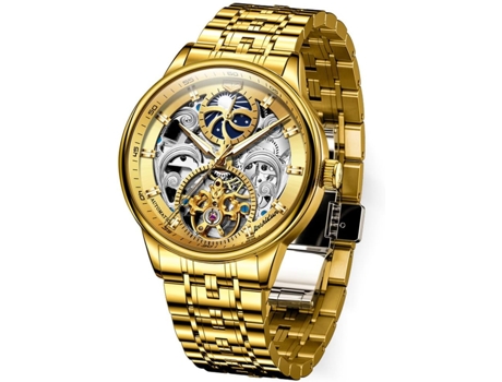 VEANXIN Reloj hueco para hombre de cuero fase lunar cuerda mecánica automática reloj luminoso impermeable(oro)