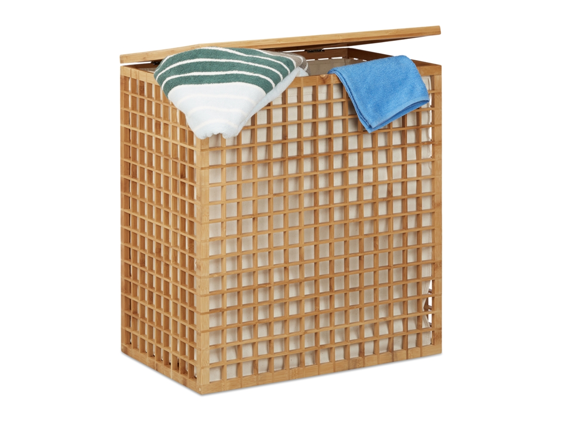 Relaxdays Cesto Para Colada Doble De 96l, Bambú, Beige, 62 X 56 X 35 Cm