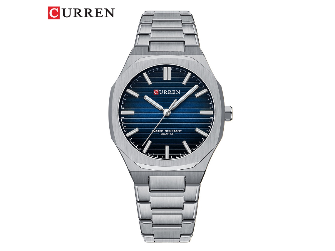 Reloj De Pulsera Informal De Cuarzo Para Hombre (azul Plateado), Con Correa De Acero Y Diseño Sencillo A Rayas.
