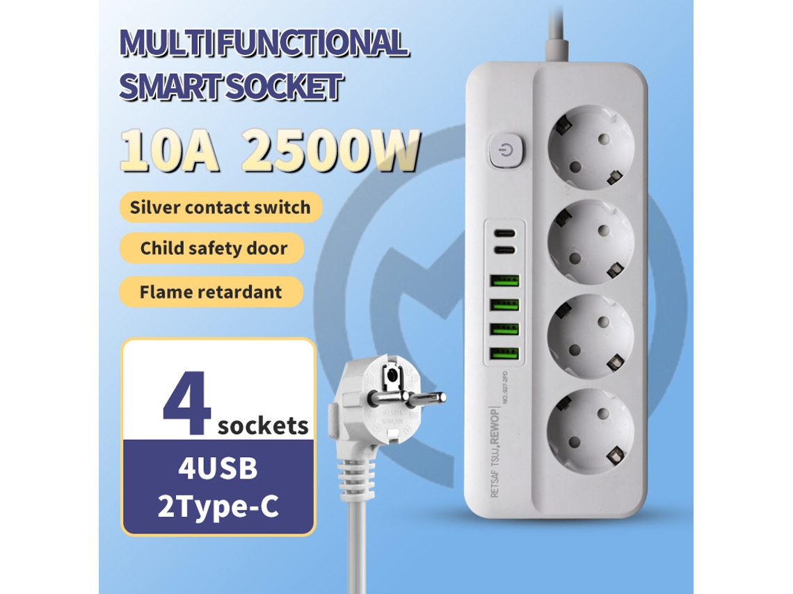 Fio De Extensão 2500w, 4 Tomadas®, 4 Usb E 2 Type‑c, 2 M, Chave De Sobrecarga (branco) Czhhmart