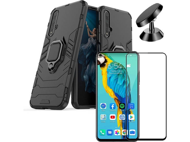 Kit Carcasa, Protector de Cristal 5D y Soporte Honor 20 Pro Military Defender Negro