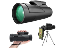 Telescopio monocular 12x50 HD con trípode ajustable y adaptador para smartphone, ideal para observación de aves, caza y viajes, color negro.