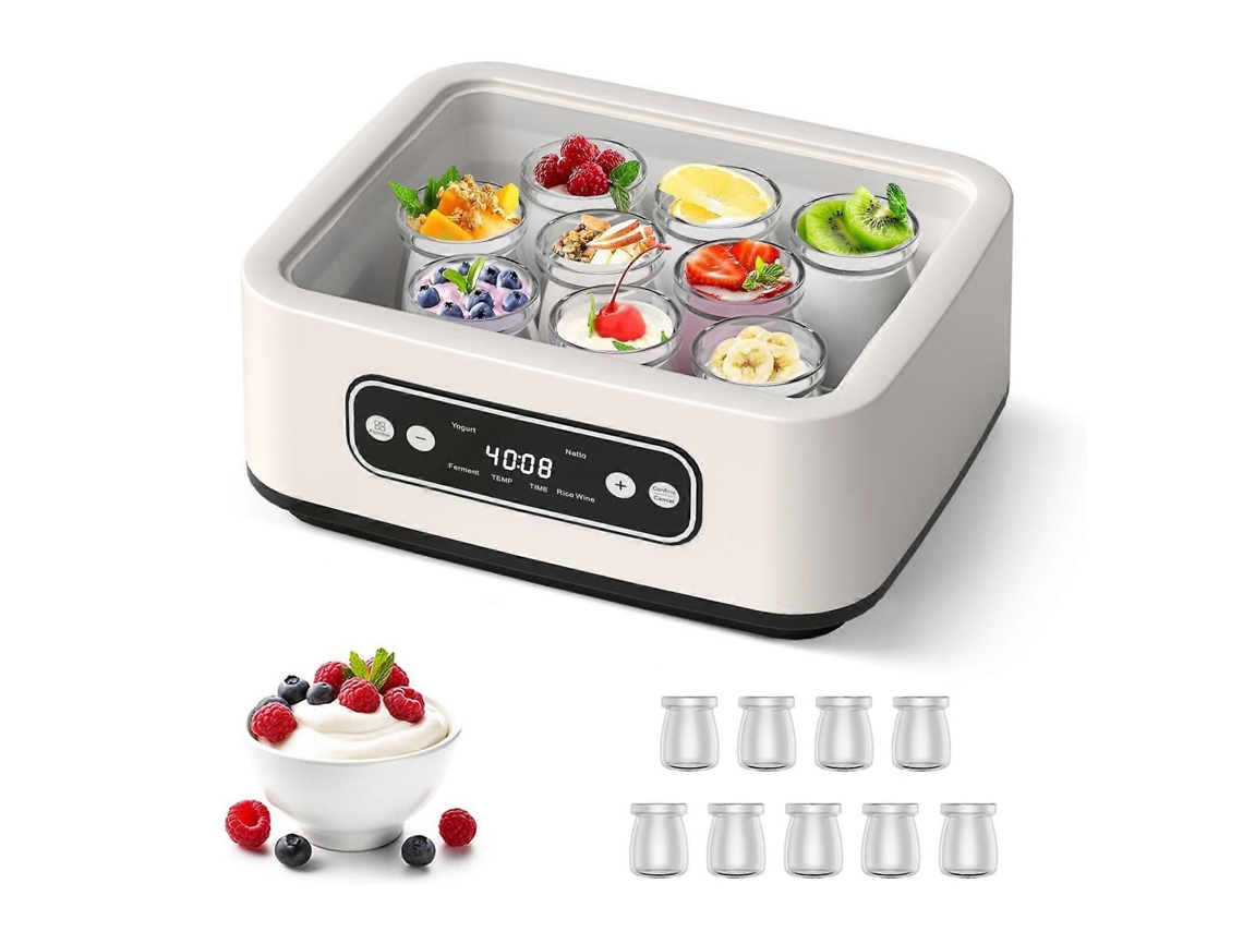 Yogurtera griega con temporizador de 36 horas, control de temperatura y recipientes de acero inoxidable y vidrio para elaborar yogur y queso caseros.
