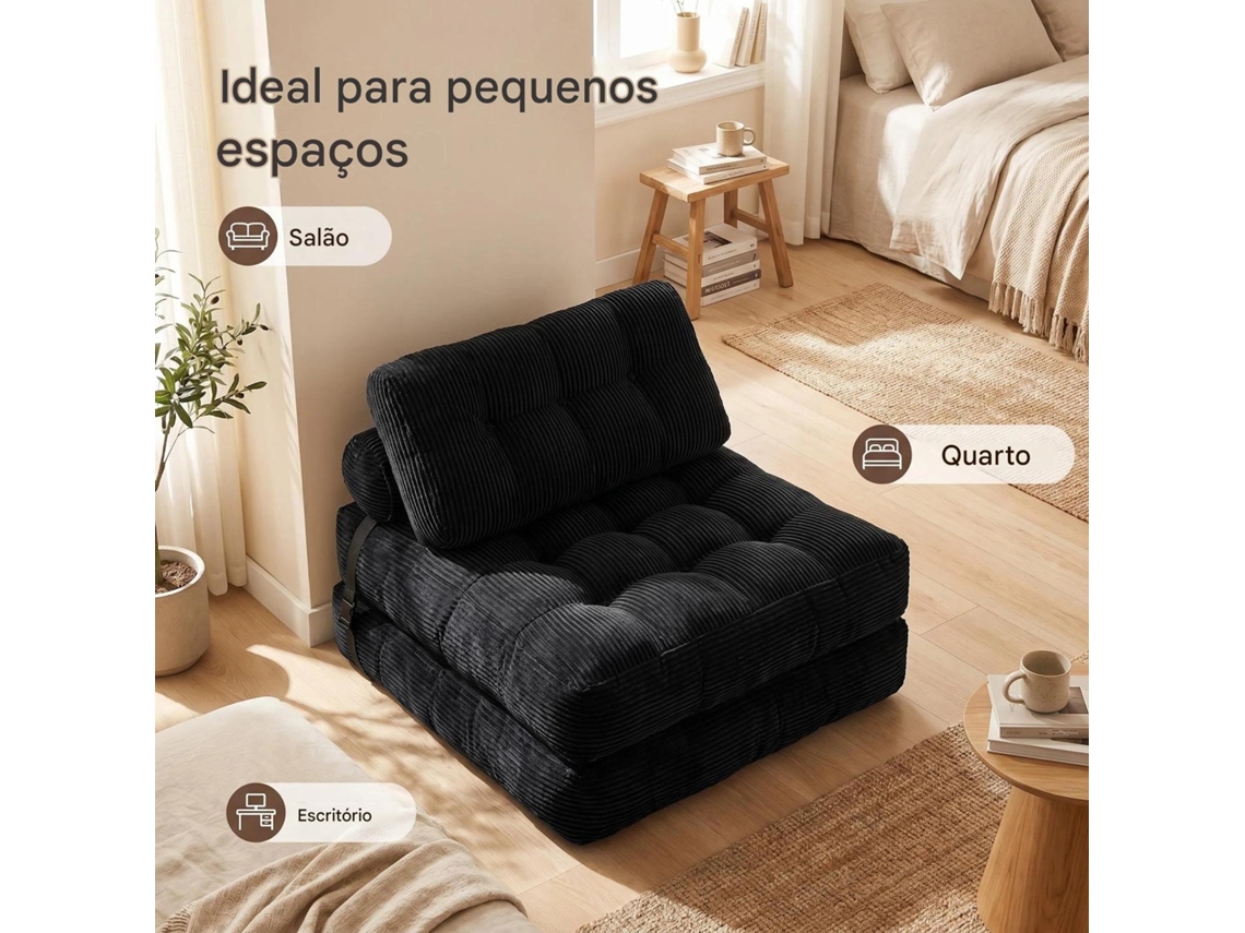 Silla De Suelo Plegable 2 En 1 Terciopelo Canalé Genérico Respaldo Reclinable Convertible Sofá Relax Cama Auxiliar Negro Salón Dormitorio