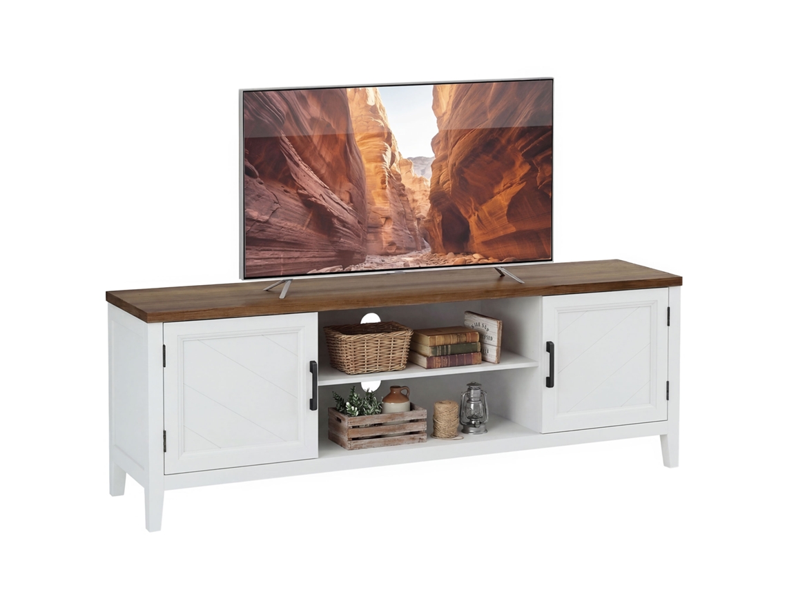 Suporte Para Tv De 140 Cm, Móvel Para Tvs De Até 65 Polegadas Com 2 Portas E 2 Compartimentos Abertos, Nas Cores Branco E Marrom.