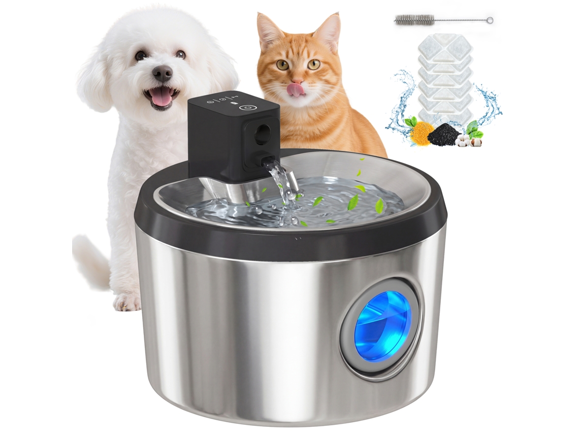Fuente de agua inalámbrica para gatos de acero inoxidable de 4 litros, con sensor de movimiento, 6 filtros, doble filtración, LED y acabado plateado. VELTUS TRADE
