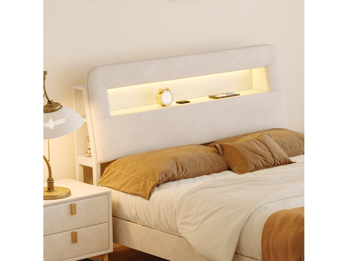 Cama Con Almacenaje De Terciopelo, 160 X 200 Cm, Cabecero Con Almacenaje, Puertos De Carga Usb, Iluminación Led Integrada, 2 Cajones, Beige