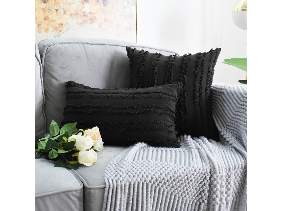 2026-2 Fundas De Almohada Decorativas Boho Tiras Jacquard Lino 12x20 Pulgadas Negro Para Sofá Dormitorio Sala
