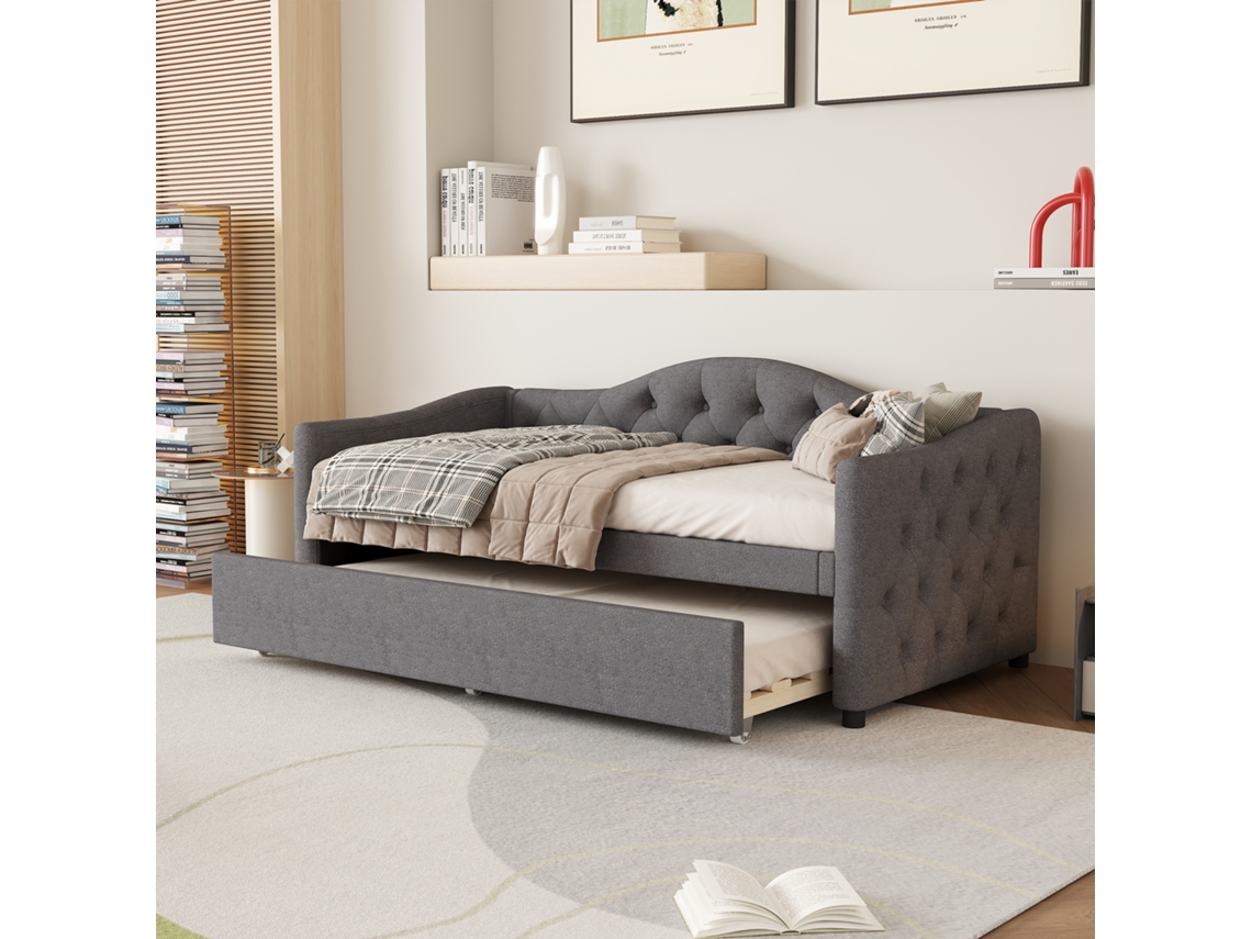 Cama Nido Extensible 90x200 Cm - Sofá Cama Individual, Cama Extraíble, Estilo Minimalista, Lino - Gris