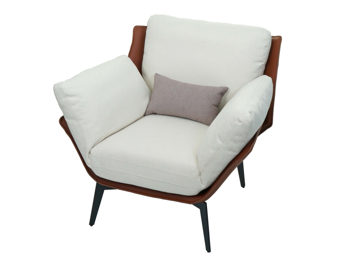 Sillón Chaise Longue de Cóctel, Sillón de Relax Tapizado en PVC Marrón Oscuro y Tela Crema, Metal Negro 04_0006840