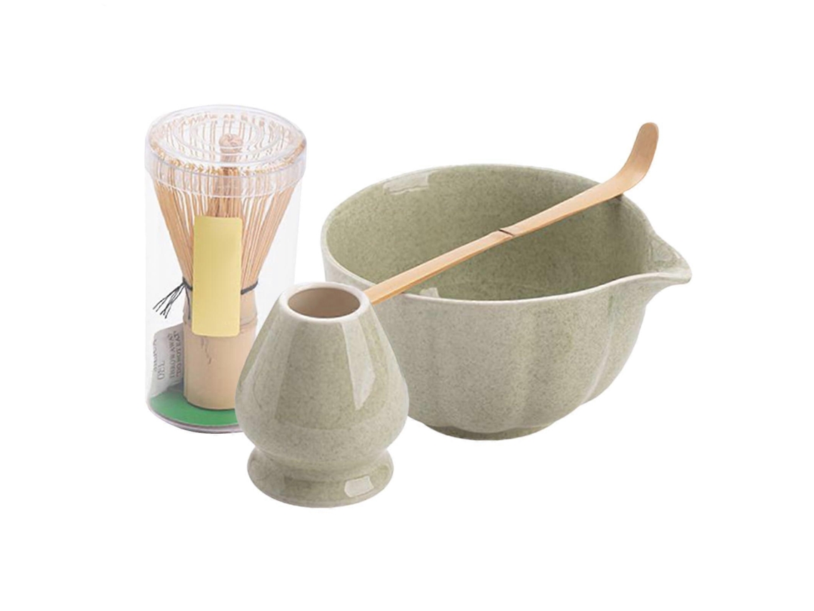 Juego de té Matcha con batidor de bambú, soporte para cuchara y cuenco esmaltado para una auténtica ceremonia japonesa.