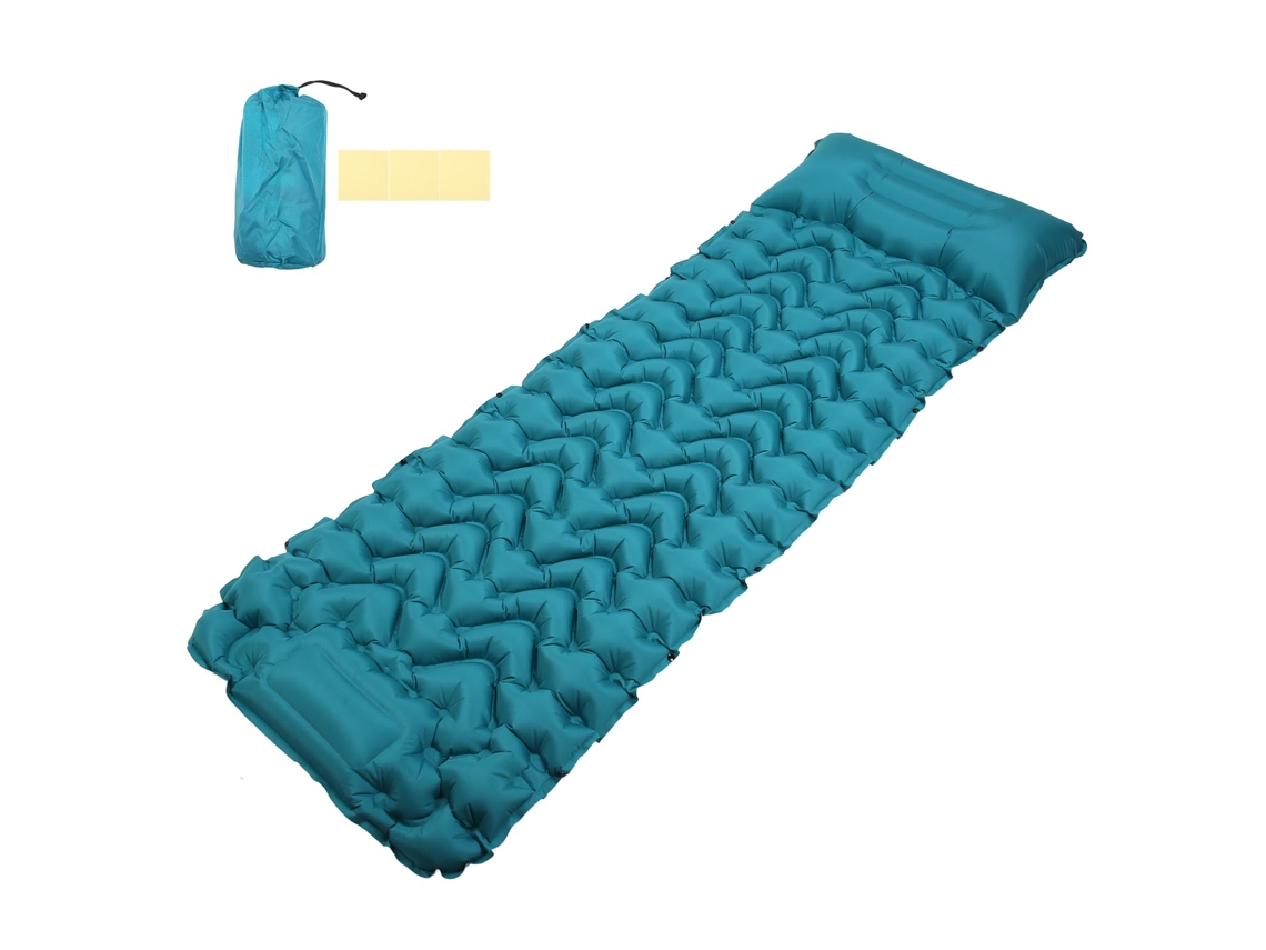 Colchón Inflable Para Camping Azul Con Almohada, Ergonomico, Impermeable, Inflado Por Presión De Pie Para Exterior