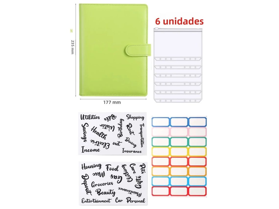 Carpeta de hojas sueltas A5 en piel sintética con ocho accesorios MDUG (verde claro)