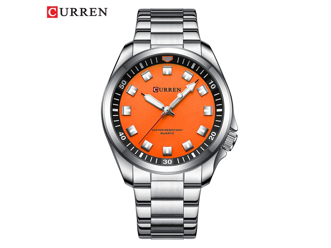 Reloj De Cuarzo Resistente Al Agua (plateado Y Naranja), Reloj De Estilo Ejecutivo Para Hombre Con Corona Inclinada Y Correa De Acero Inoxidable.