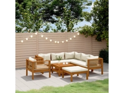 Conjunto Lounge 8 Pcs Jardim C/ Almofadões Creme Acácia Macíça Dkd Home Decor