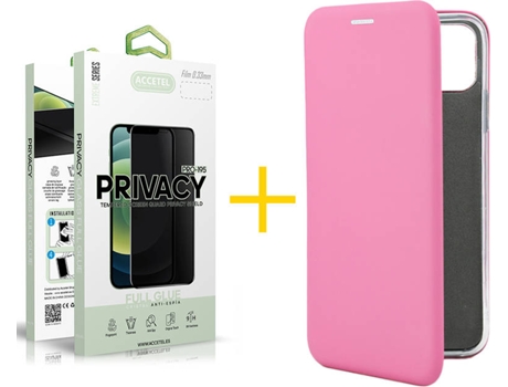 Carcasa + 1 Protector de Vidrio Anti-Spy iPhone 13 Mini ACCETEL PRM Flip Cover Rosa