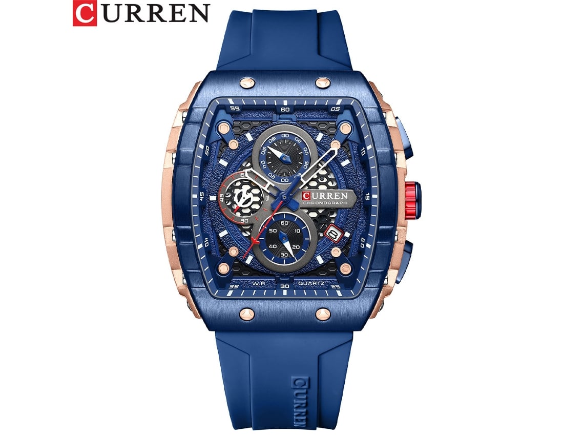 Reloj De Cuarzo Para Hombre, Resistente Al Agua, Con Seis Agujas Y Función De Calendario (esfera Azul Y Caja Color Oro Rosa).