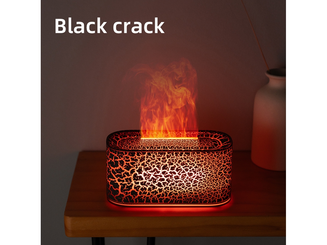 Difusor de aroma USB con diseño de llama y grietas de madera, luz ambiental simulada creativa y colorida (Mdug, negro)