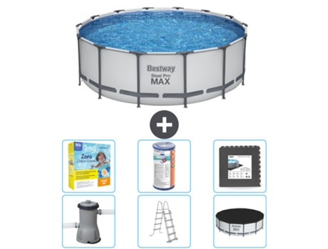 Piscina BESTWAY Round Steel Pro MAX - 427 x 122 cm gris - Incluida bomba - Escalera - Cobertor Paquete de mantenimiento - Filtrar - Baldosas