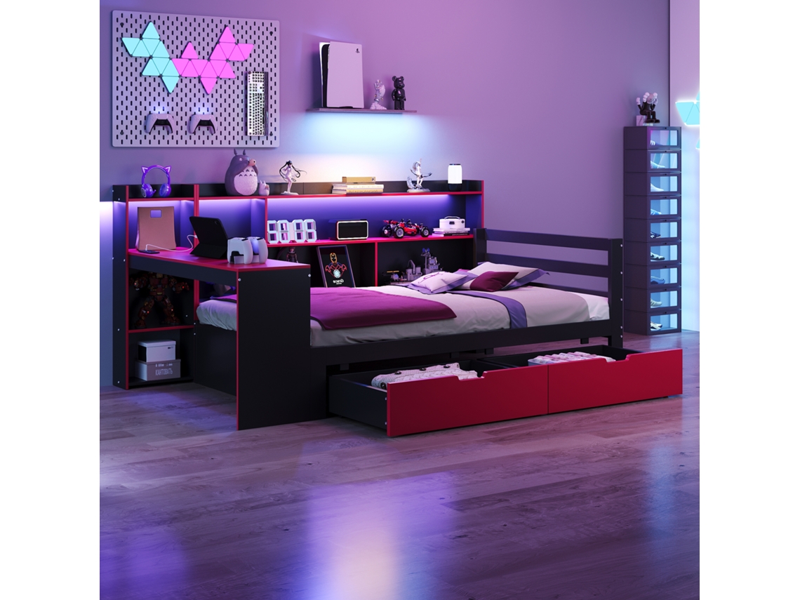 Cama Multifuncional De Madera 90x200 Escritorio Librería Enchufes Led Negro Rojo