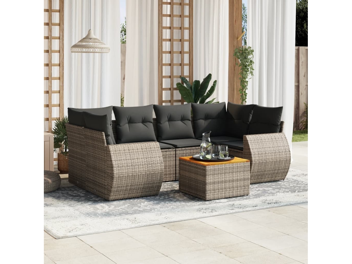 Conjunto de sofá de jardín de 7 piezas con cojines, mimbre gris, DKD Home Decor