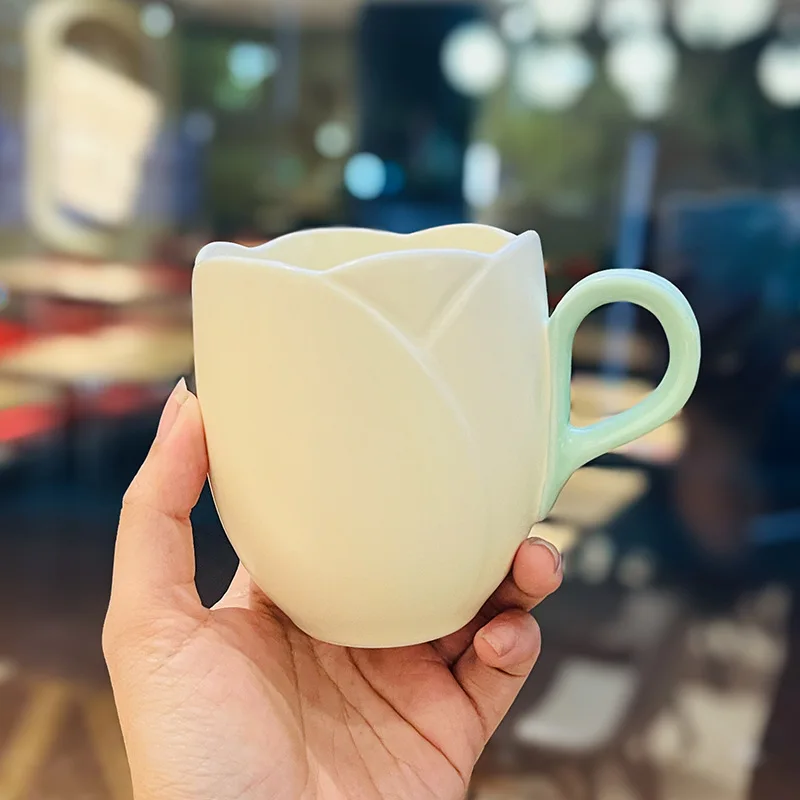 Taza de cerámica personalizada con forma de tulipán y diseño en relieve, estilo francés. MDUG (albaricoque, 350 ml)