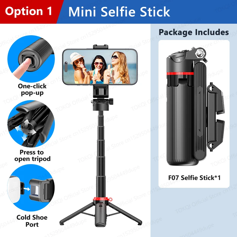 Trípode para selfies, minicuadro extensible, zoom, luz opcional, vlog, opción 1