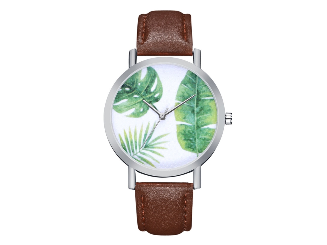 Reloj De Cuarzo De Cuero Pu Fashion Con Diseño De Hojas, Unisex (café)