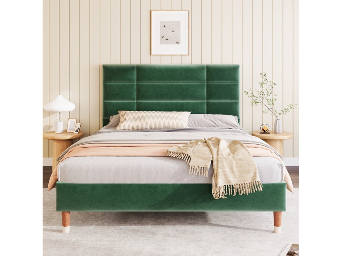 Cama Doble De 140x200 Cm, Cabecero Tapizado En Terciopelo Verde Oscuro, Colchón No Incluido.