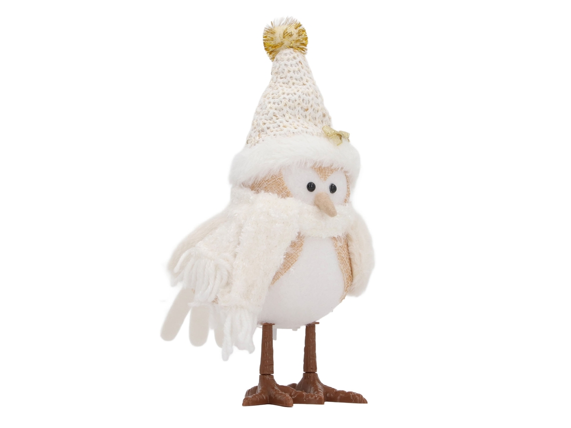 Lámpara con forma de pájaro, luz amarilla, linda figura con bufanda y sombrero blanco puntiagudo.
