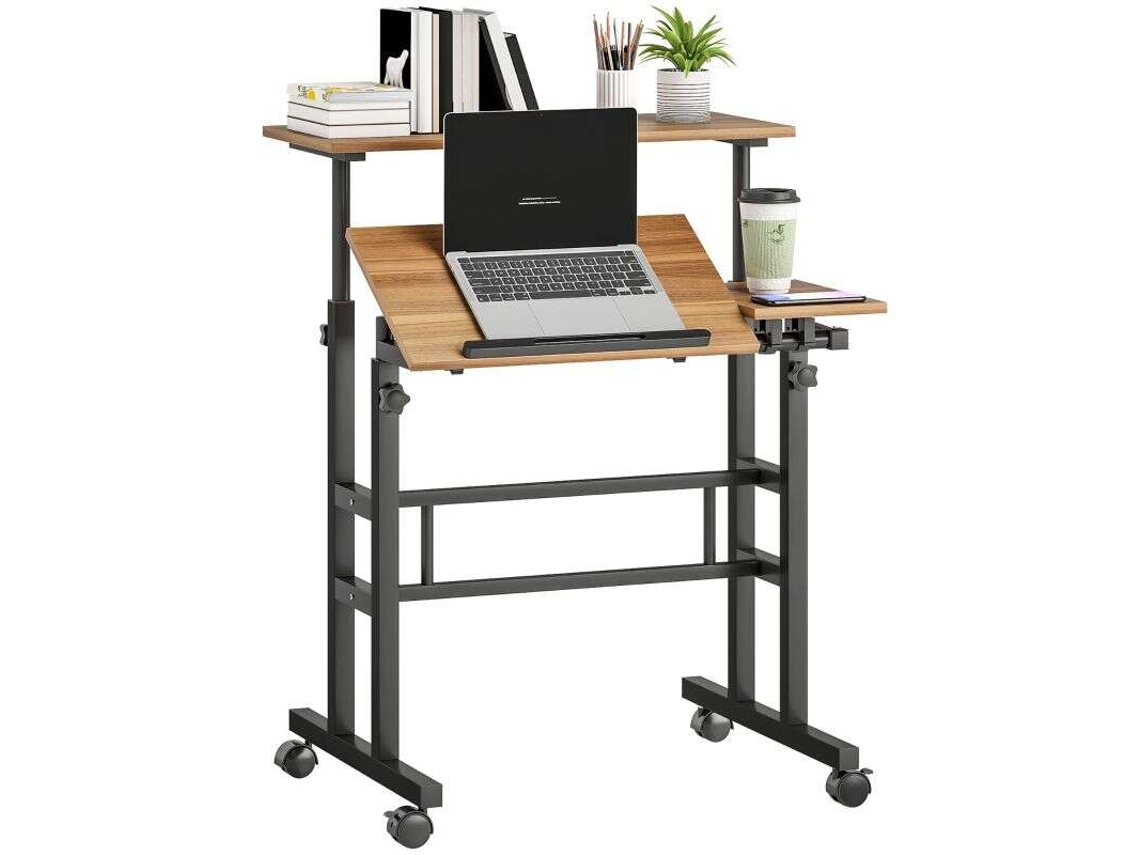 Mesa ajustable para sentarse y estar de pie, 70 x 60 cm, con ruedas, tablero inclinable y estructura de metal marrón, Bga Store