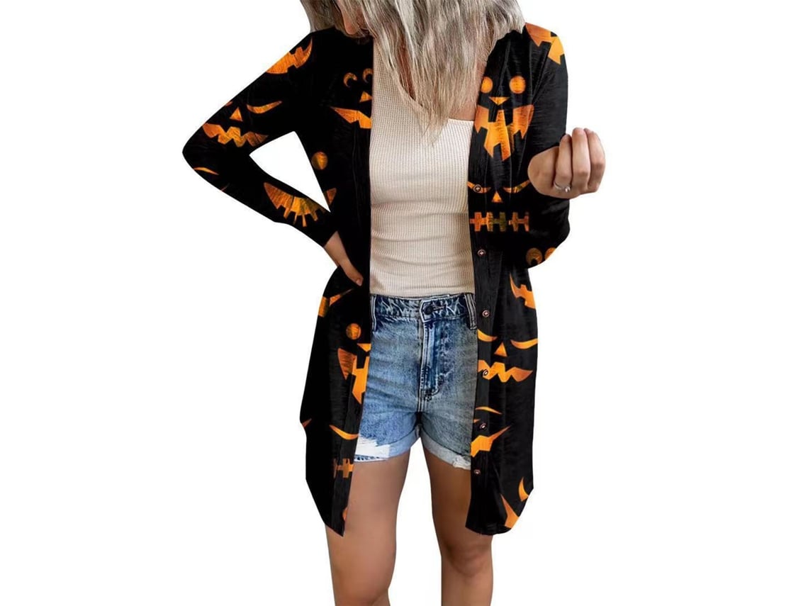 Sudadera Feminina De Frente Aberta Leve Com Manga Longa Para Halloween Outono Casual Preta Tamanho L