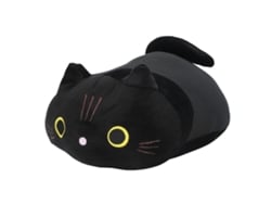 Almofada de pelúcia Bj-Plush com gatinho preto de desenho animado, olhos redondos e expressão fofa, para decoração de casa.