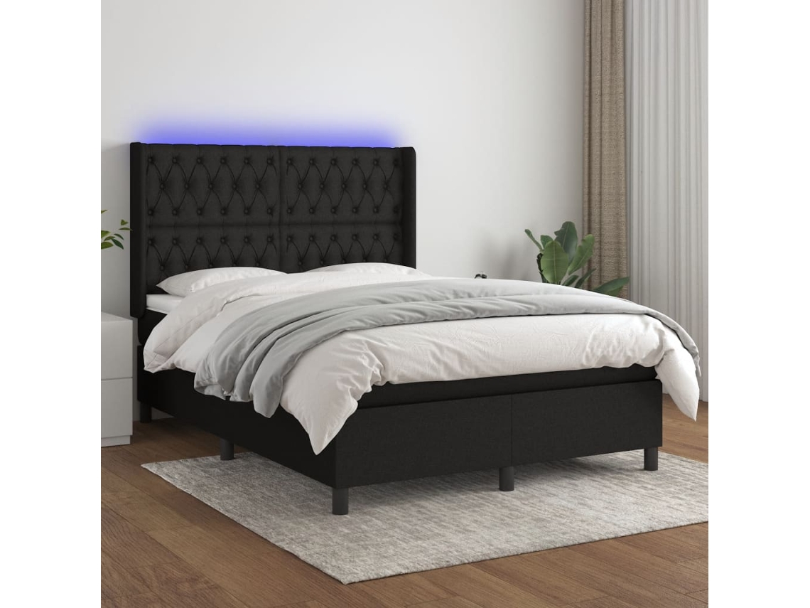Cama Box Spring Colchón Y Luces Led Tela Negro 140x200 Cm