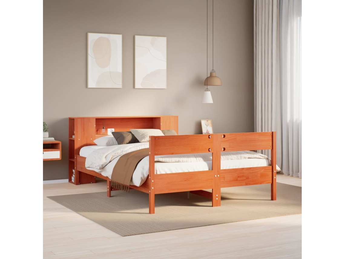 Cama Con Estantería Sin Colchón Madera Maciza Marrón 140x190 Cm