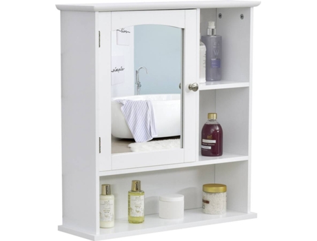Kleankin Armario De baño con espejo gran almacenaje montado en la pared estante ajustable interior y abiertos 60x18x63 cm blanco wc 834301
