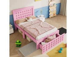Cama Infantil De Madera De 90x200 Cm Con Cajones De Almacenamiento, Color Rosa.