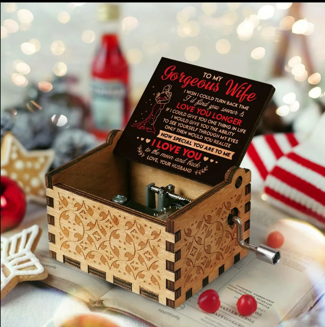 (Para mi esposa 3) Caja de música de madera con manivela y mecanismo silencioso, un regalo romántico de aniversario.