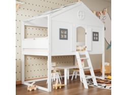 Cama Infantil Cabaña 90x200 Cm, Escalera, Barandillas, Ventanas Grises, Almacenamiento Ajustable, Madera Pino+mdf, Blanco Grisáceo.