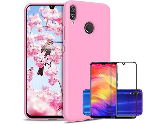 Kit Carcasa y Protector de Cristal 5D Full Cover Xiaomi Redmi 7 Silicona Rosa