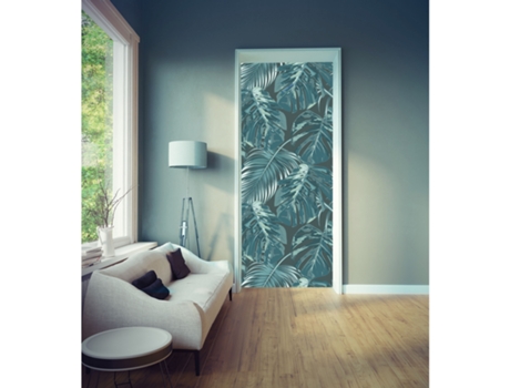 Adhesivo de Puerta PLAGE Hojas Tropicales Verde Oscuro en Estilo Acuarela en Fondo Verde 204 cm X 83 cm