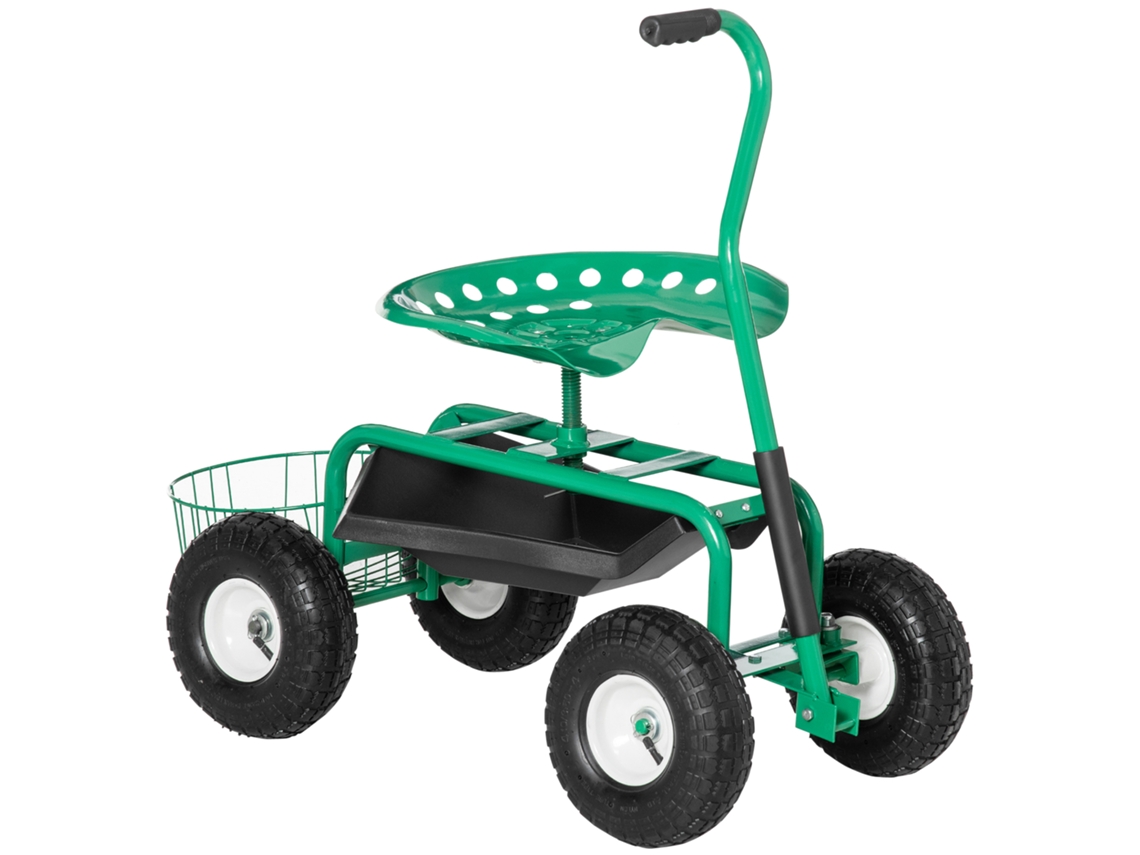 Carro de taller de jardín Veltrix con asiento giratorio, capacidad de 150 kg, color verde.