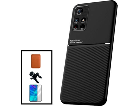 Kit Funda Magnetic Lux, Magnetic Wallet Márron, 5D Full Cover y Soporte Magnético de Coche Reforzado Xiaomi Poco M4 Pro 5G PHONECARE Negro