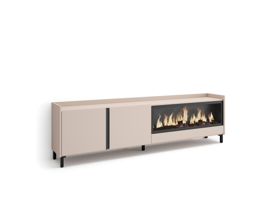 Mueble para TV, 212x35x61cm, para televisores de hasta 80'', chimenea eléctrica XXL, diseño industrial, color beige.