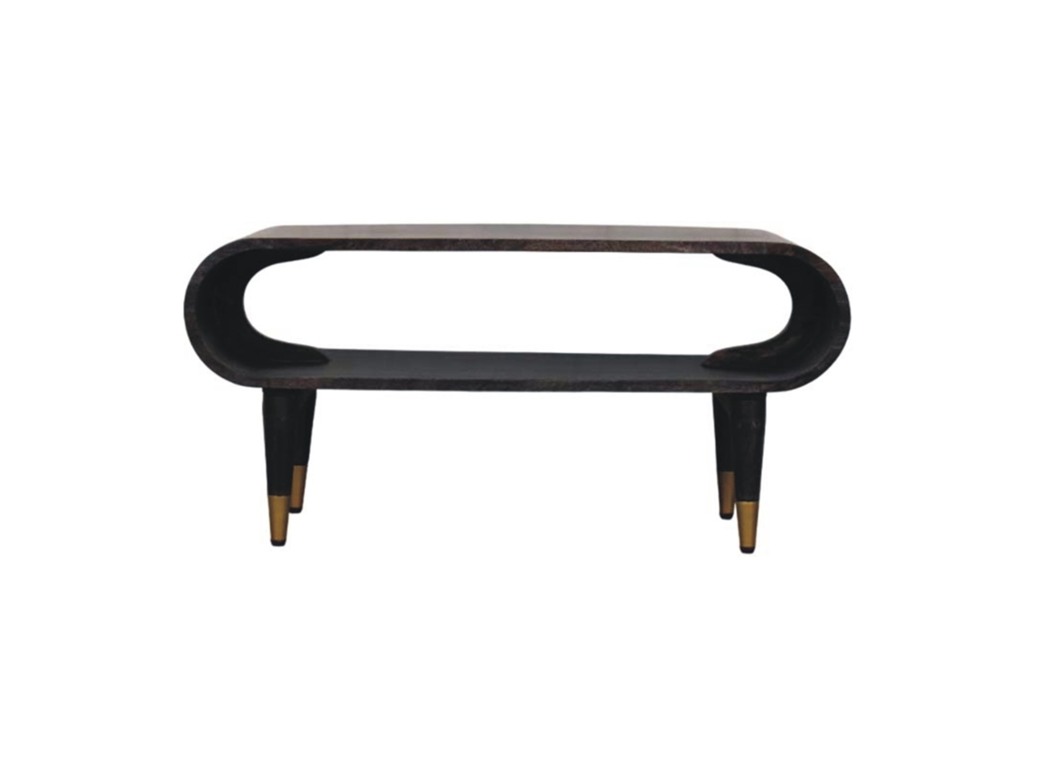 Mueble multimedia de madera maciza con cantos curvos y detalles en latón, 1 compartimento abierto, color marrón oscuro. Muebles artesanales.