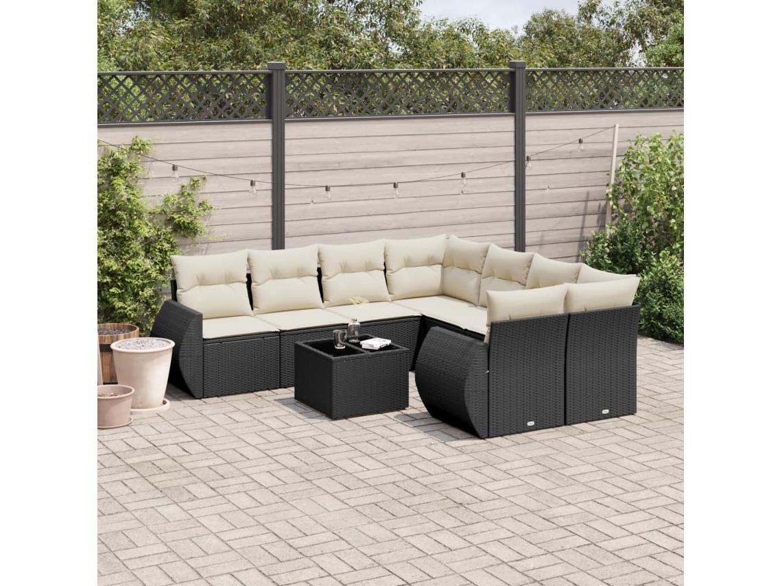 Conjunto de sofá de jardín de 9 piezas con cojines, ratán negro, Dkd Home Decor