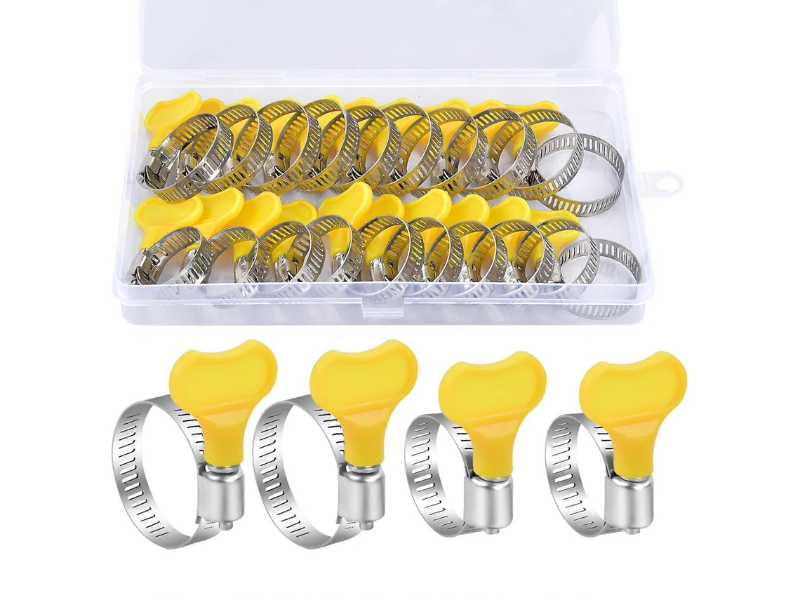 20 Abrazaderas Ajustables Acero Inoxidable 16-25/19-29mm Mango Giratorio Caja Amarilla Lavadoras Piscinas Coches Líneas De Gas