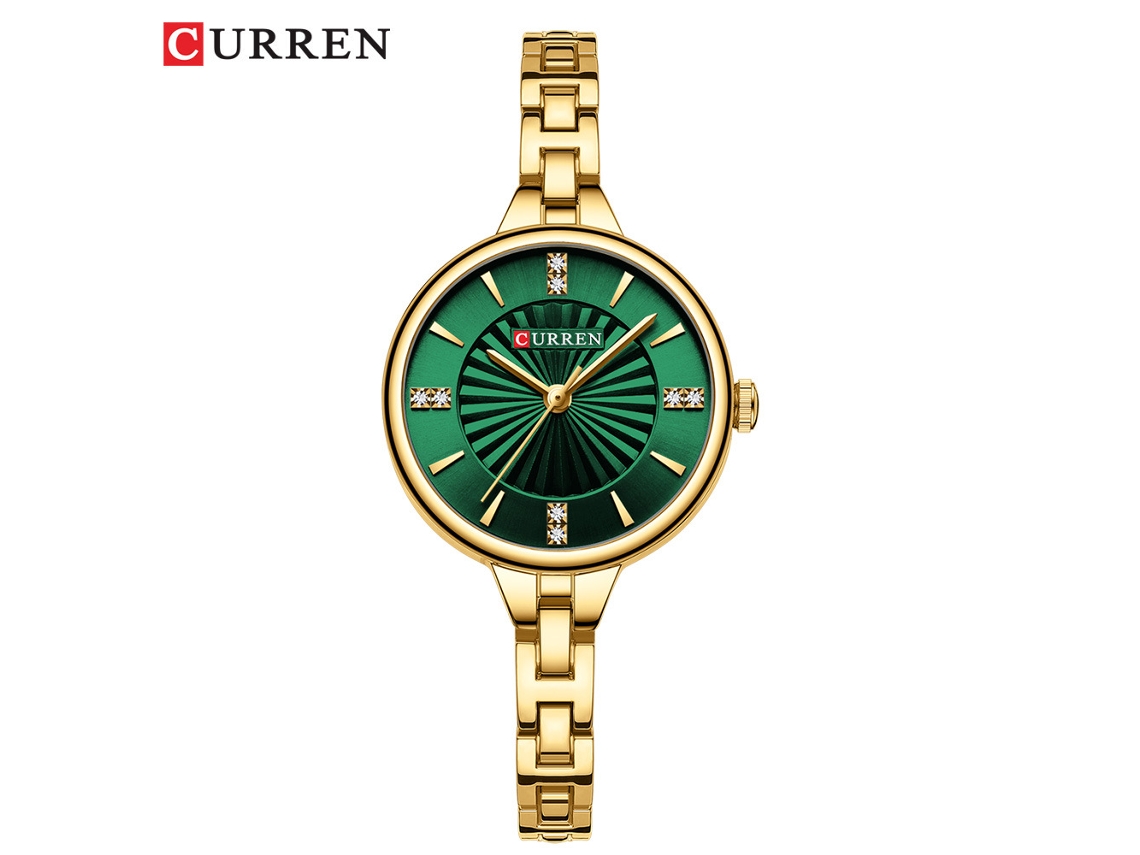 Relógio Feminino , Pulseira Casual Minimalista, Relógio Quartz com Pulseira de Aço Resistente À Água MDUG (cinta Dourada, Case Dourado e Face Verde)